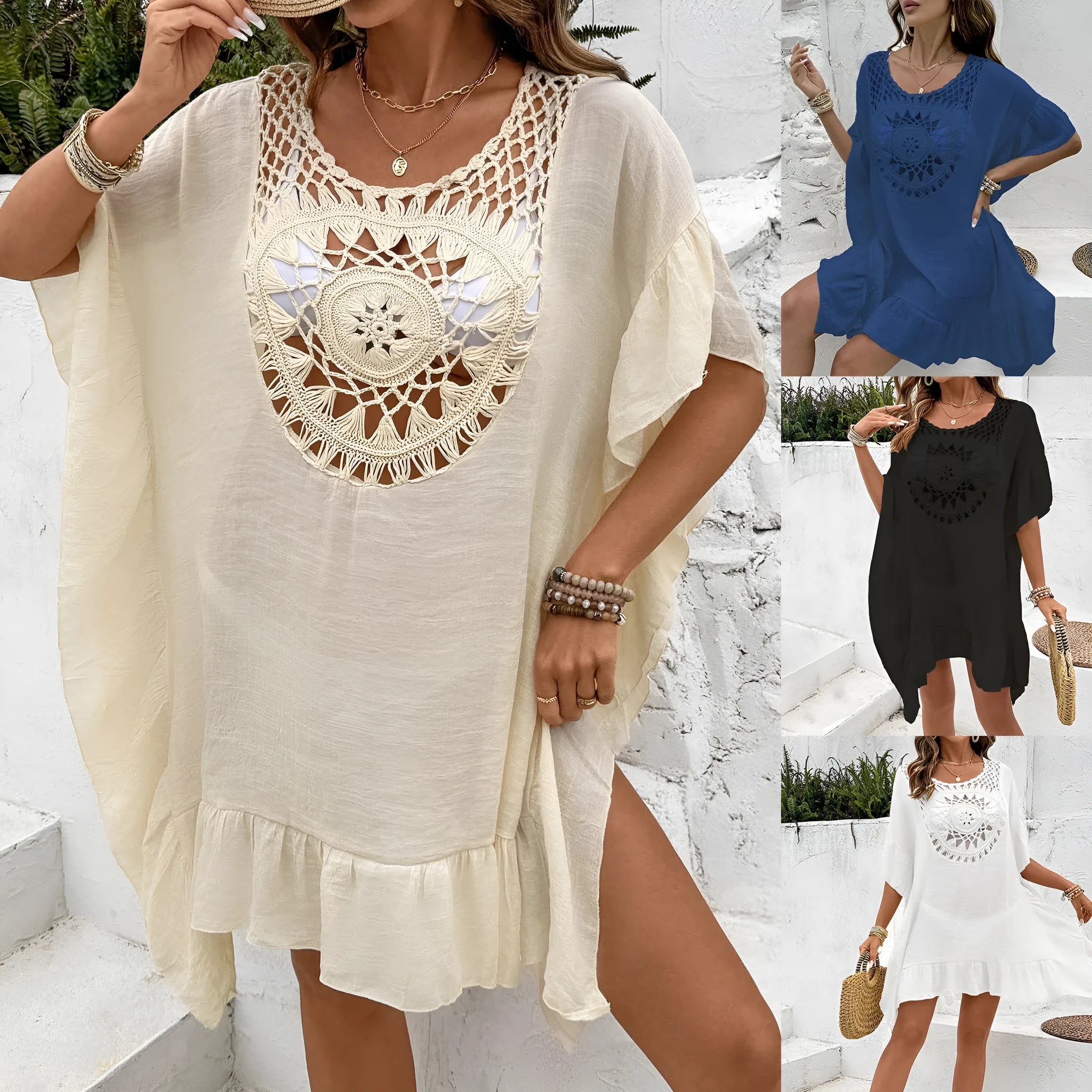 Crochet stitch patchwork beach cover-up dress in apricot colour, showing tassel details and textured fabric.