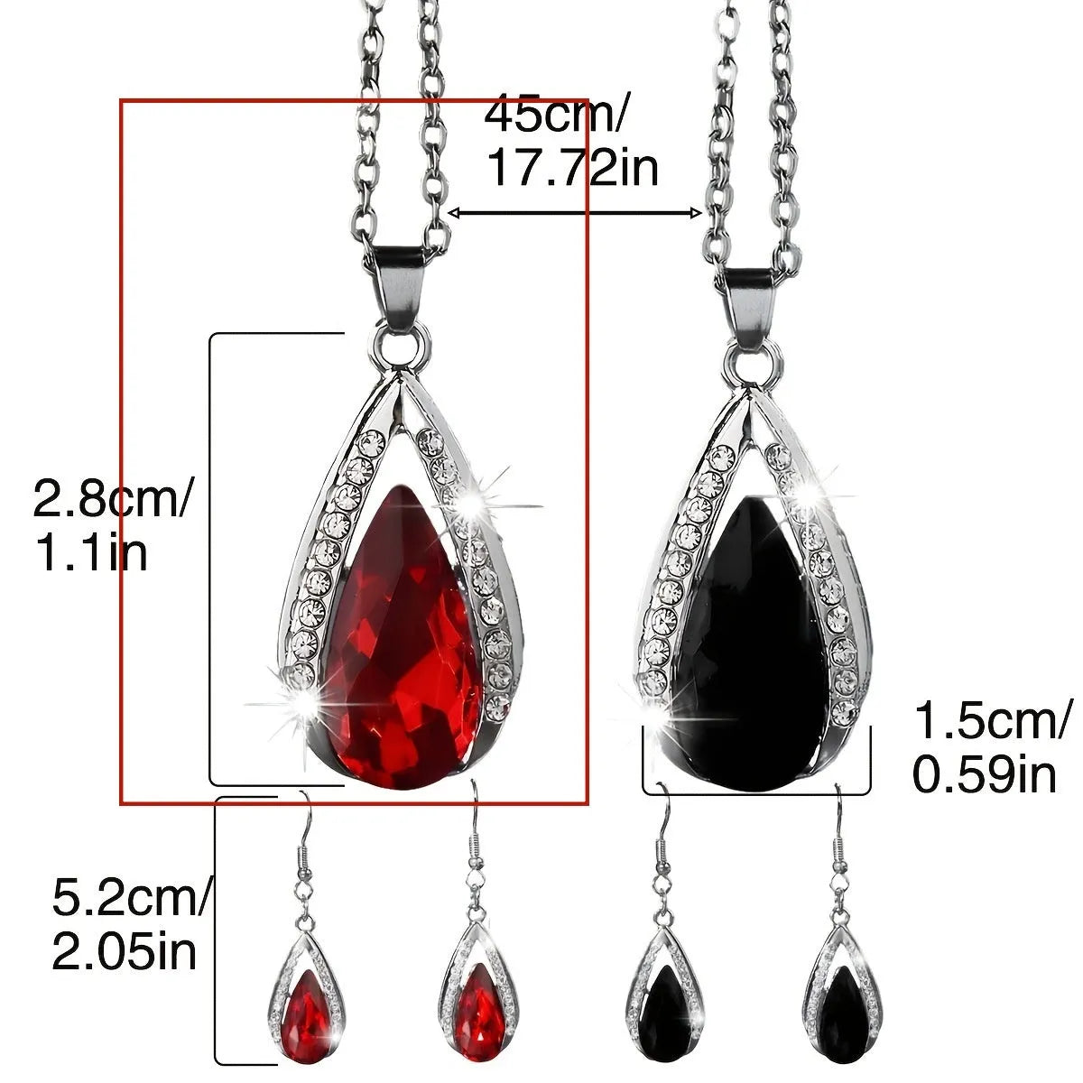 Black and red alloy water droplet pendant necklace and matching earrings jewellery suite.
