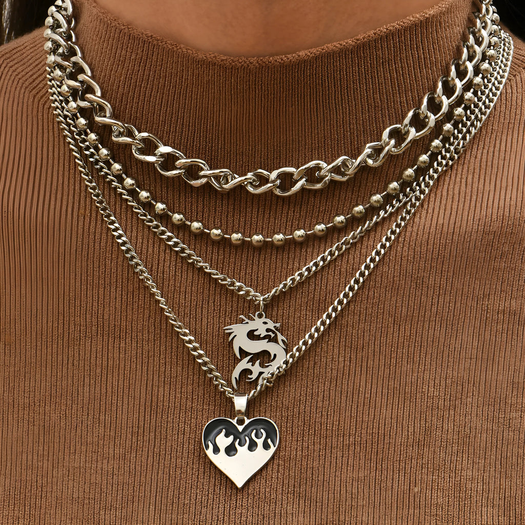 Women's alloy silver love dragon geometric pendant necklace on adjustable clavicle chain