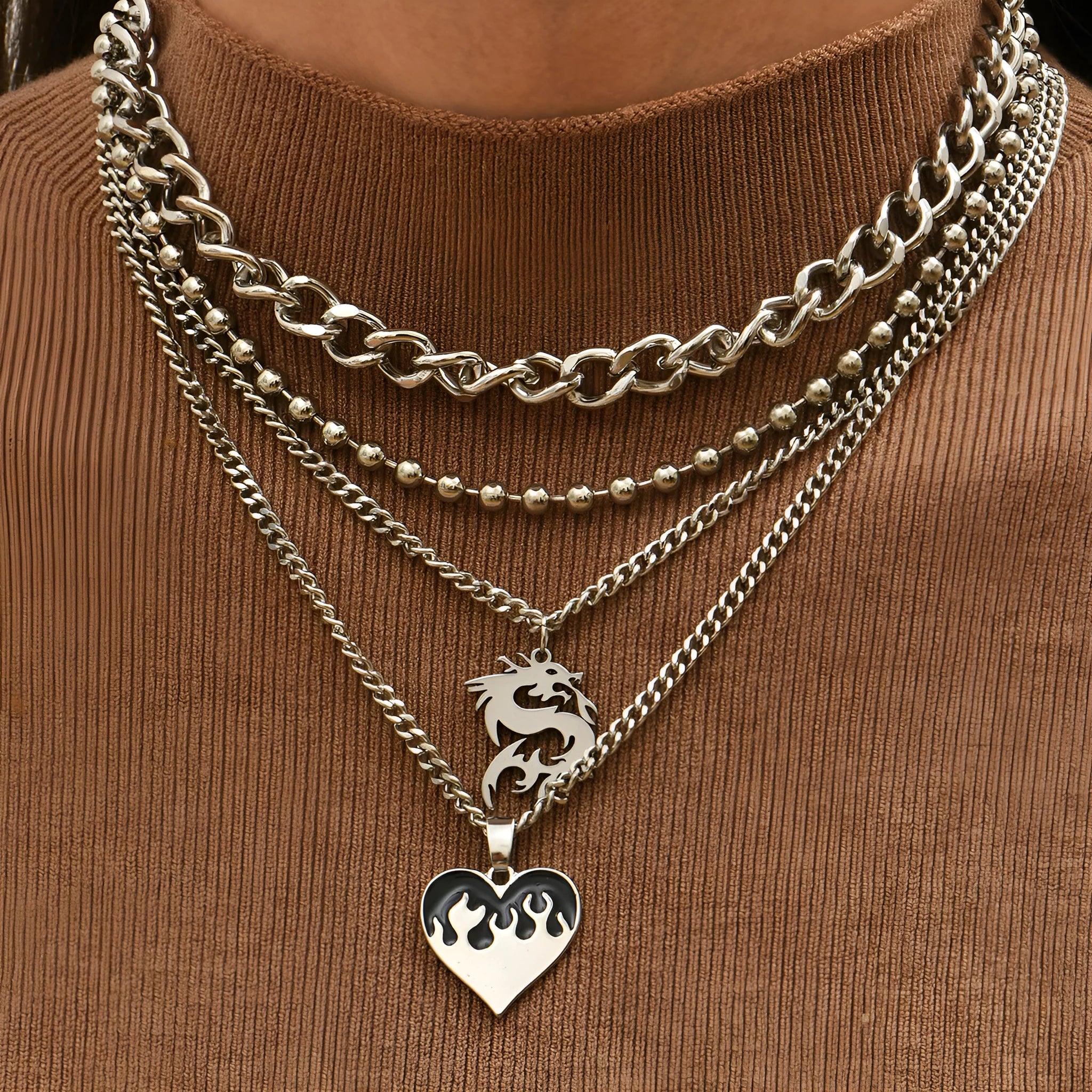 Women's alloy silver love dragon geometric pendant necklace on adjustable clavicle chain