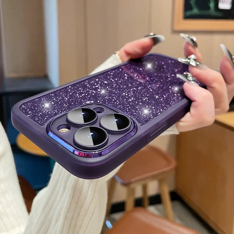 Transparent glitter iPhone case showing gradient colour and TPU rubber construction