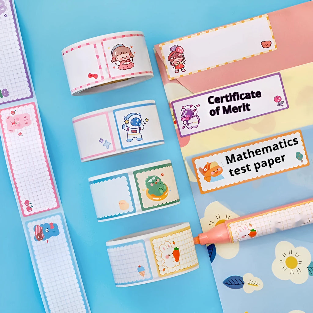 Roll of cartoon name stickers with astronaut, dinosaur, rabbit, and girl designs for student labelling