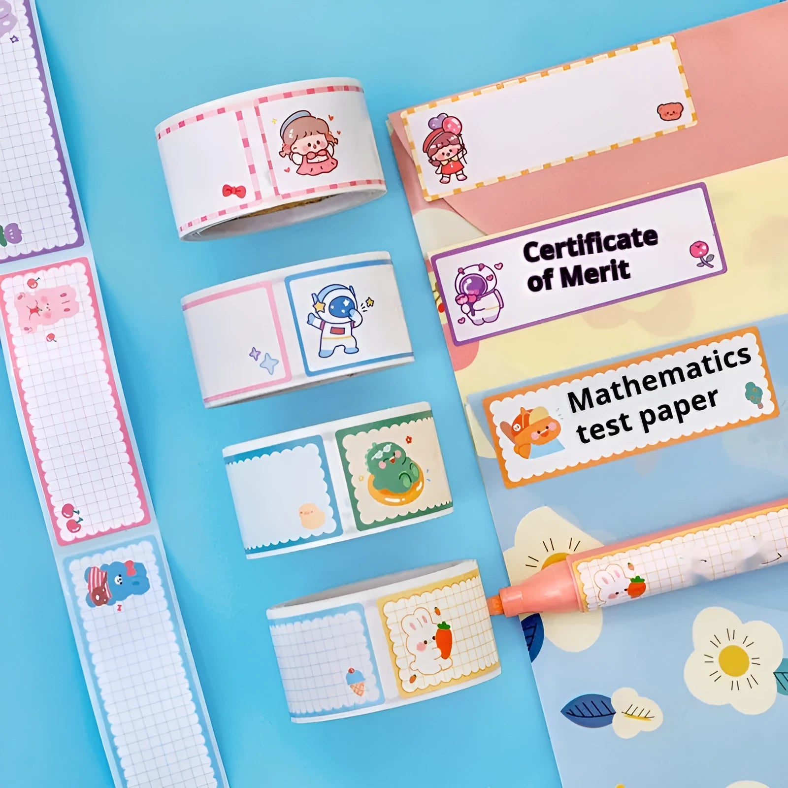 Roll of cartoon name stickers with astronaut, dinosaur, rabbit, and girl designs for student labelling
