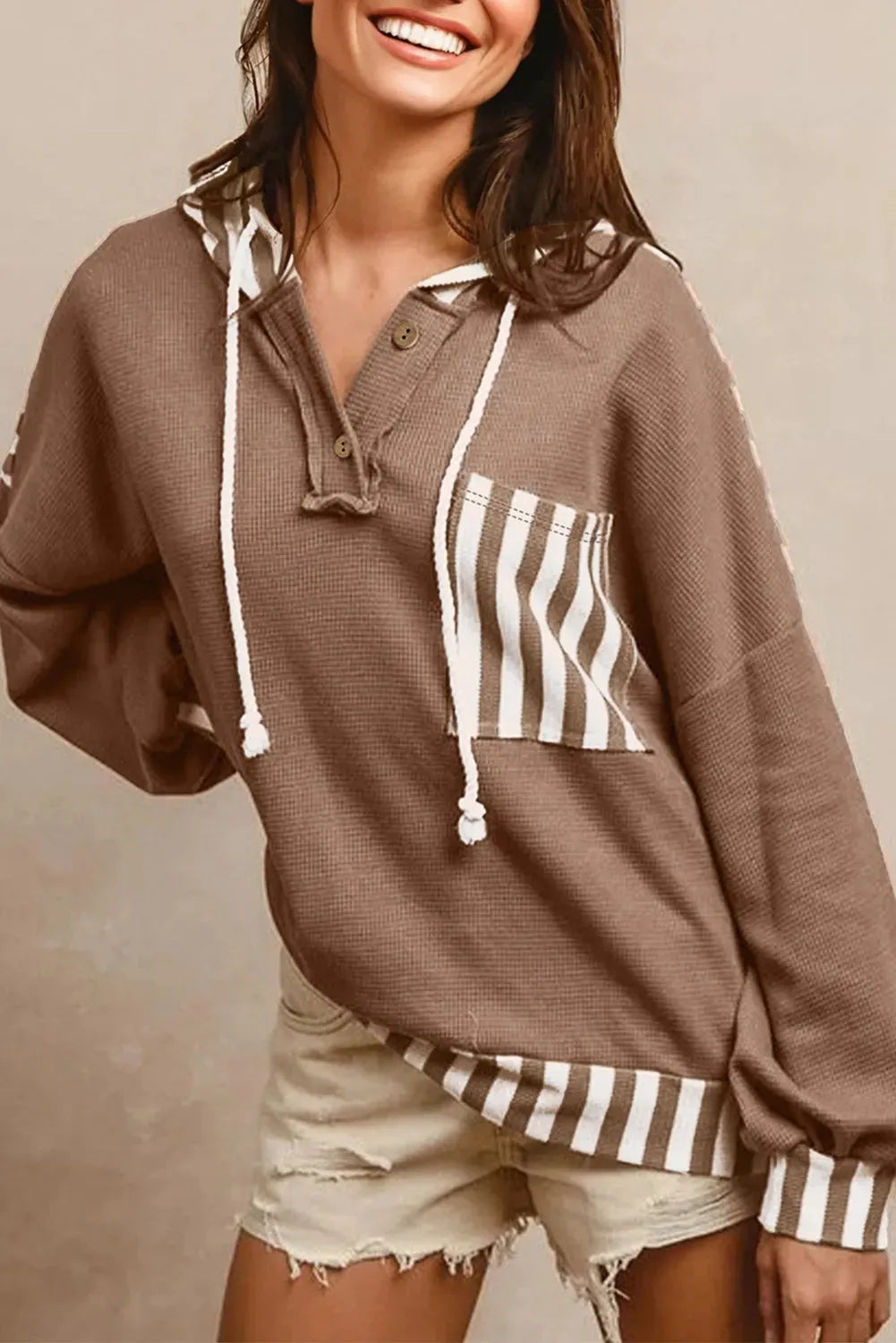 Straw yellow waffle texture striped patchwork hoodie with button neck and drawstring waist