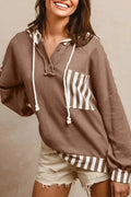 Straw yellow waffle texture striped patchwork hoodie with button neck and drawstring waist