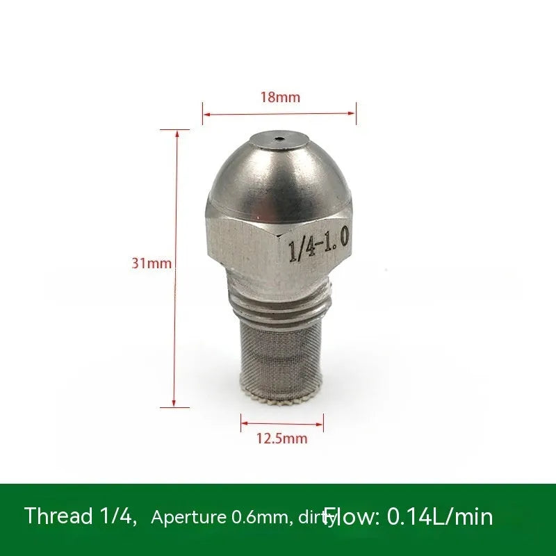 304 stainless steel two-point spray nozzle with 1/4 inch thread and selectable aperture sizes for atomisation.