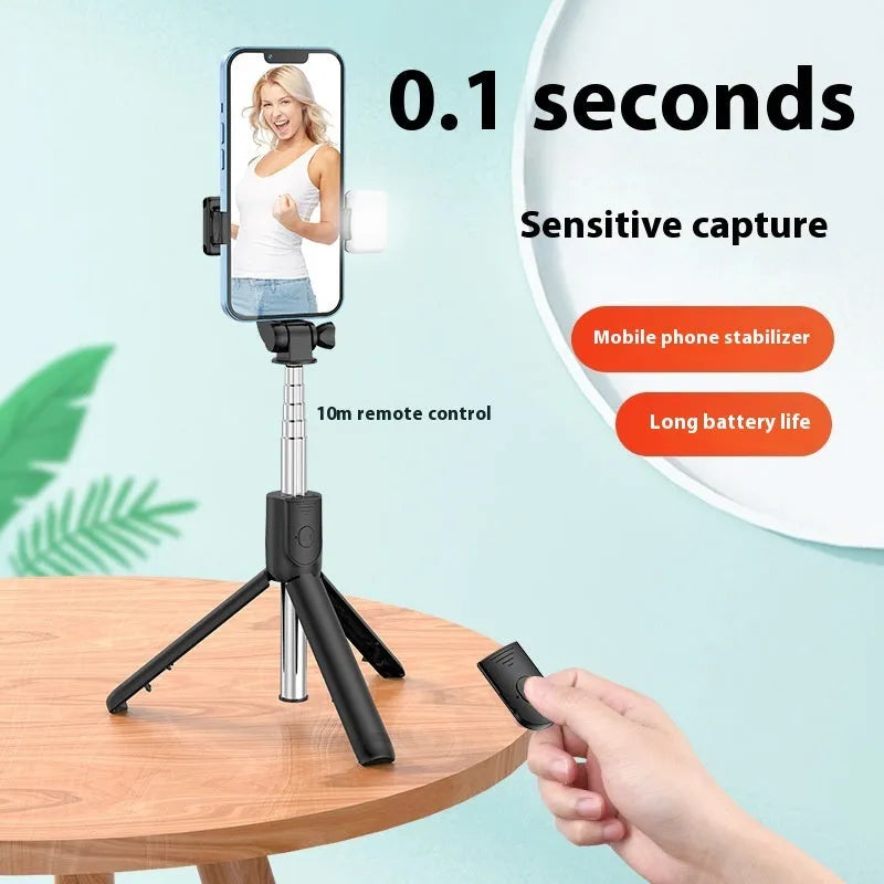 Bluetooth selfie stick tripod with LED light extended to 70cm on surface, four colour options