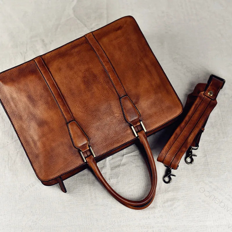 Men's 14-inch horizontal leather business handbag in khaki colour with zipper opening