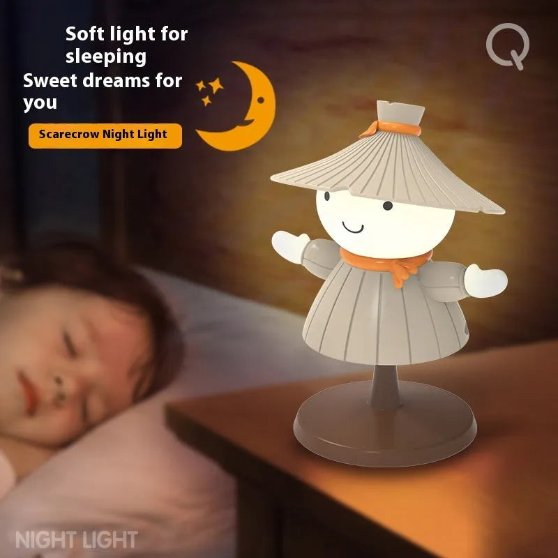 Brown scarecrow cartoon small night lamp on bedside table with USB cable