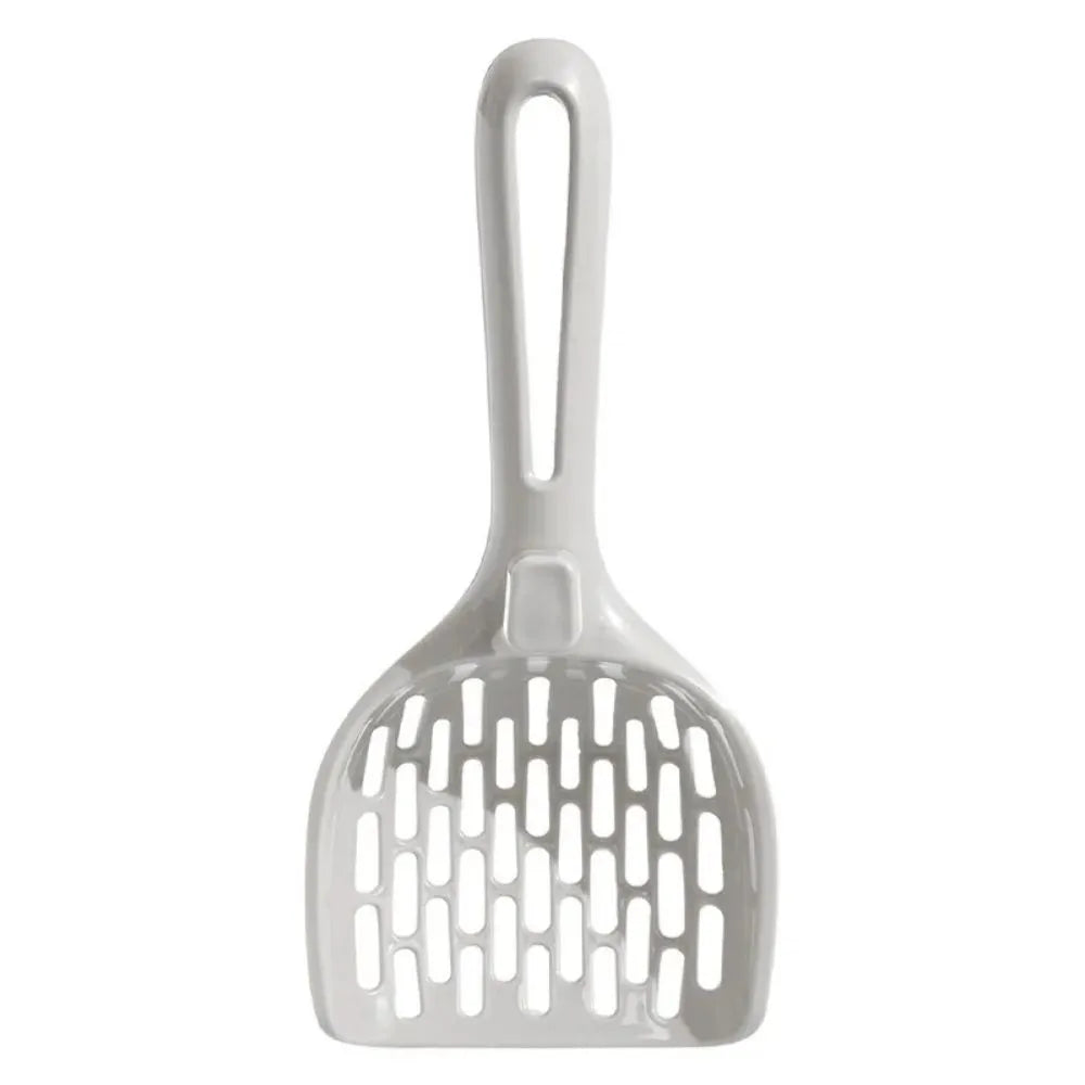 Grey plastic cat litter scoop with integrated base tray for waste containment during cleaning