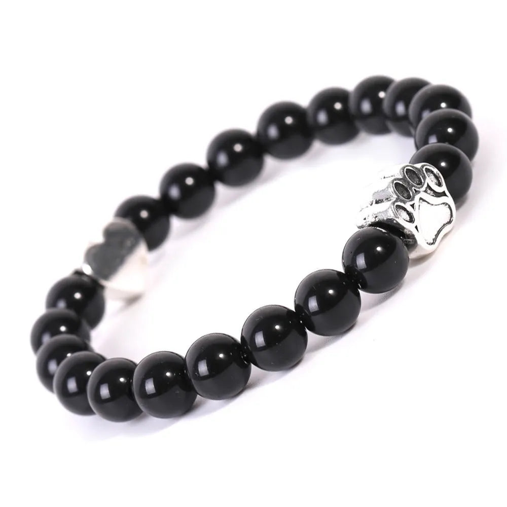 Tigereye Indian Agate Dog's Paw stone beaded bracelet in geometric unisex design.