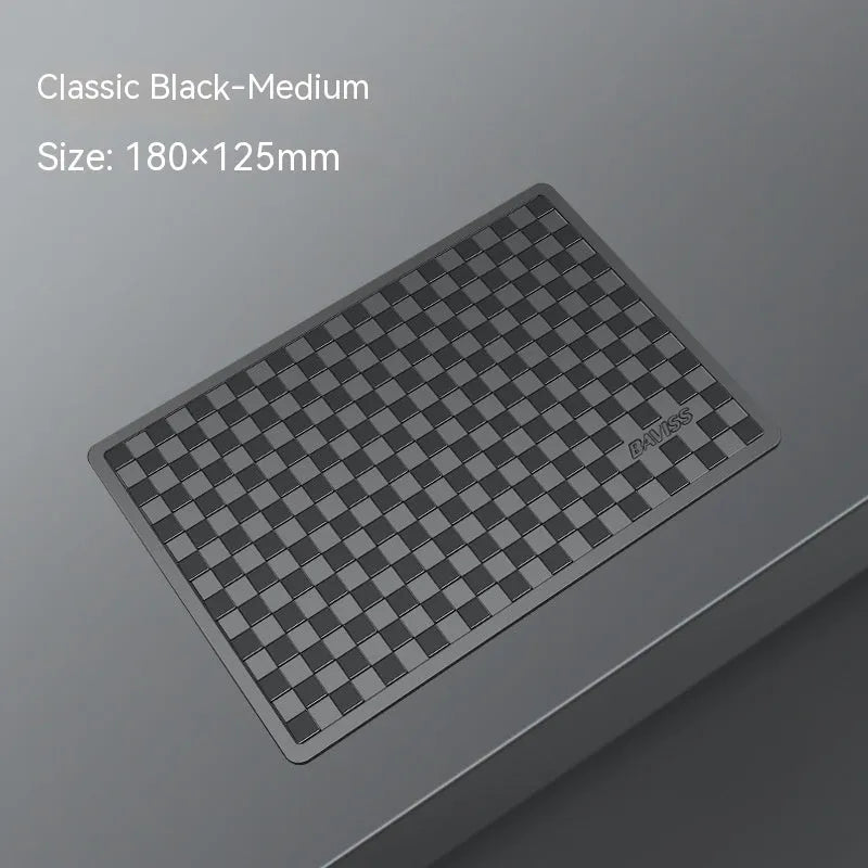 PU car dashboard anti-slip pad for mobile phone in Classic Black, showing textured surface and fit on instrument panel