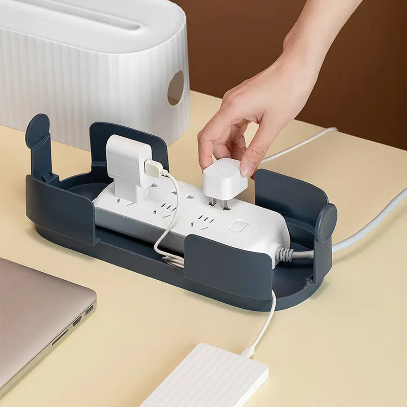 Cloud Power Storage Box in blue with power strip inside, bottom cable holes visible, HIPS material, 331x143x141mm