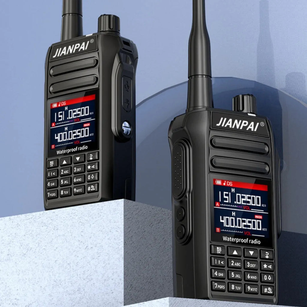 Black Interphone waterproof aviation full band motorcycle communication headset with antenna and accessories.