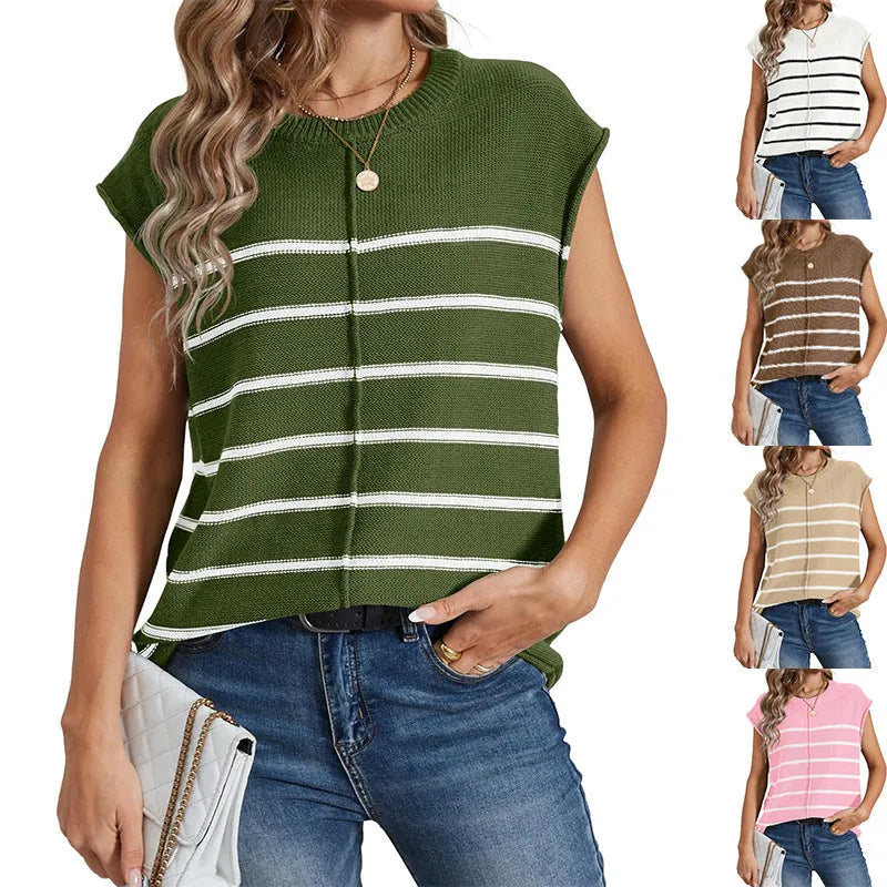Women's striped sleeveless pullover vest in acrylic fabric showing bone stitching detail.