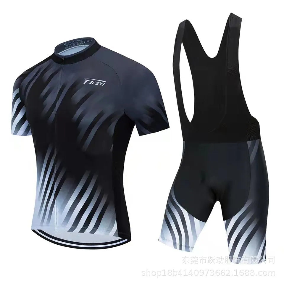 Cycling jersey set showing short sleeve moisture absorbing top and matching pants for summer biking.