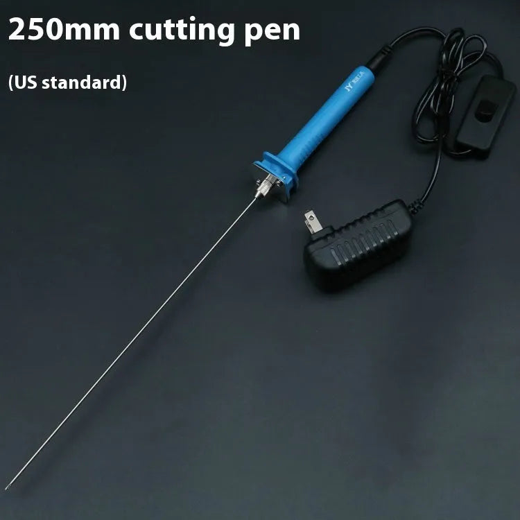 Blue plastic-handled electric hot knife cutter pen for foam with multiple blade sizes and power adapter