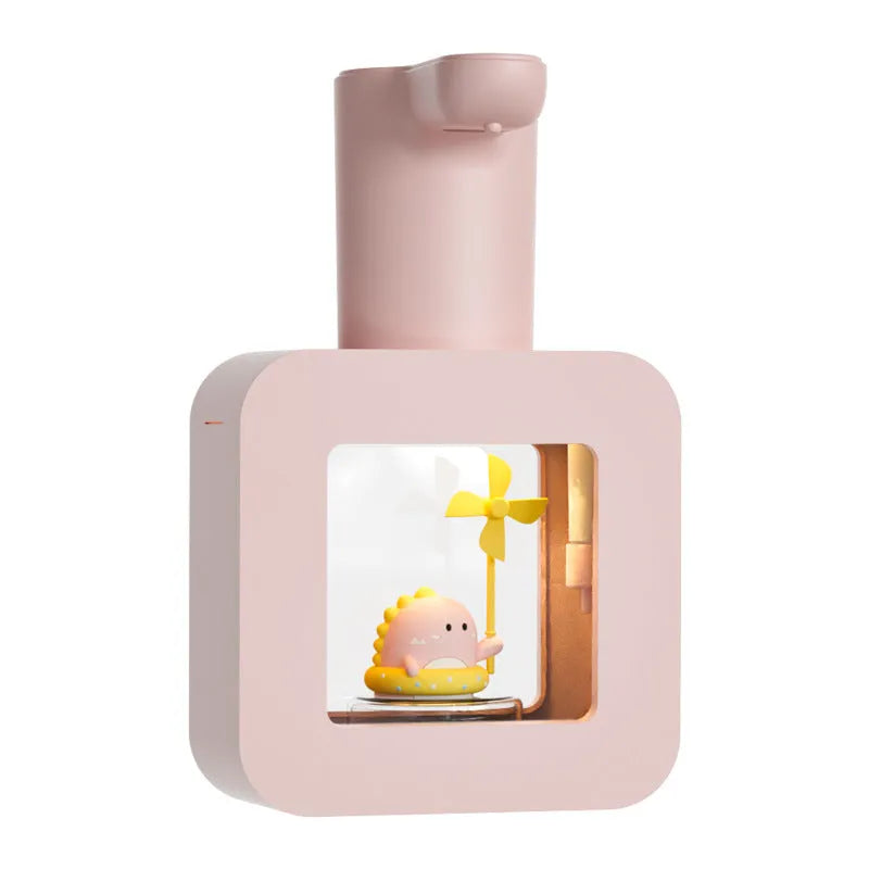 Yellow touchless soap dispenser with cartoon unicorn design for children's bathroom