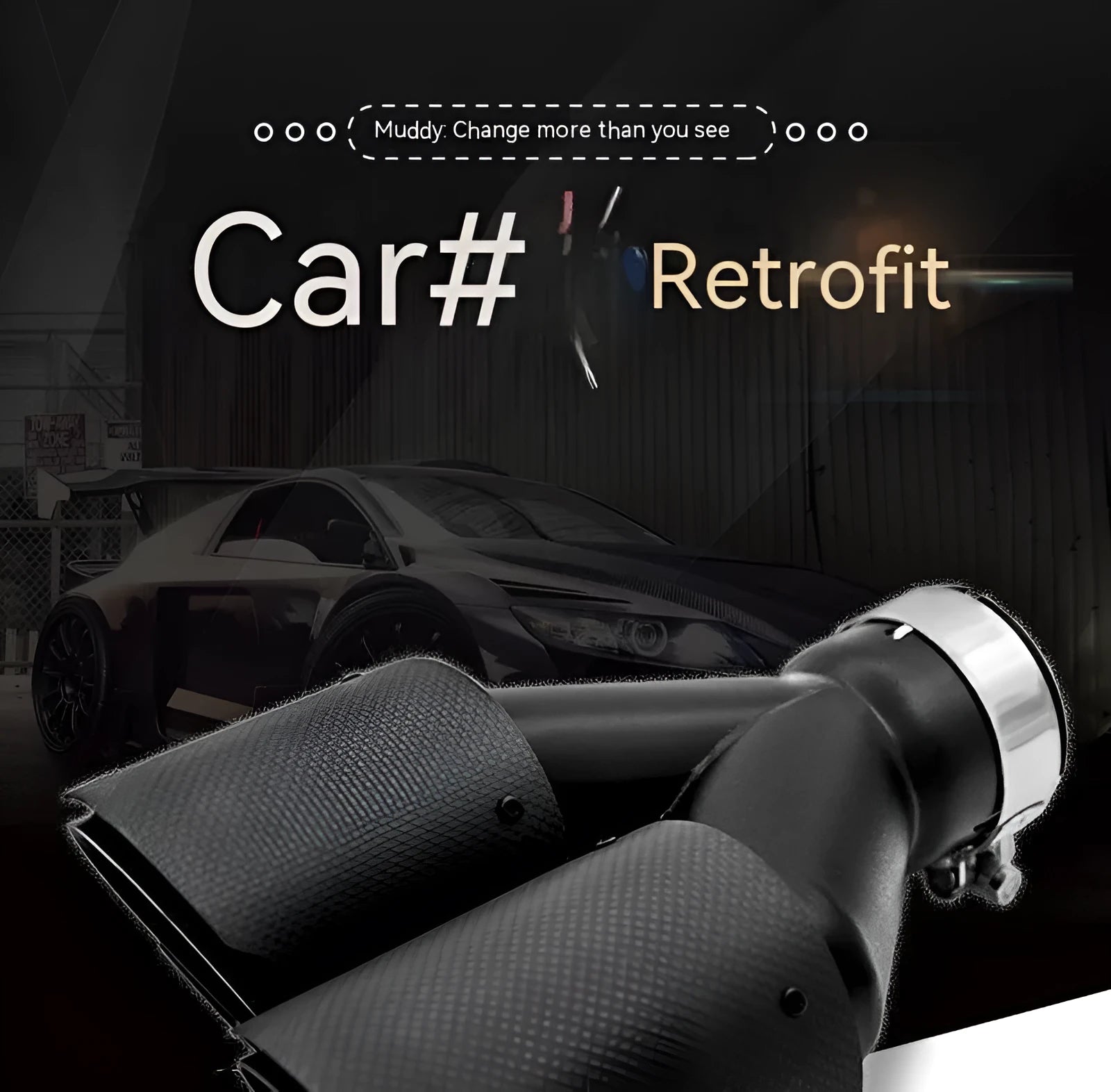 Black carbon fibre dual outlet car exhaust pipe silencer, 250mm long.