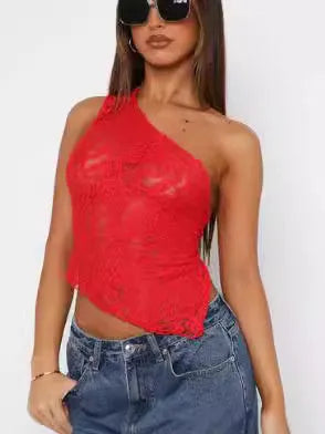 Women's apricot lace backless sleeveless vest with asymmetrical neckline on a hanger.