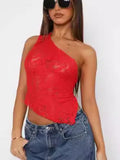 Women's apricot lace backless sleeveless vest with asymmetrical neckline on a hanger.