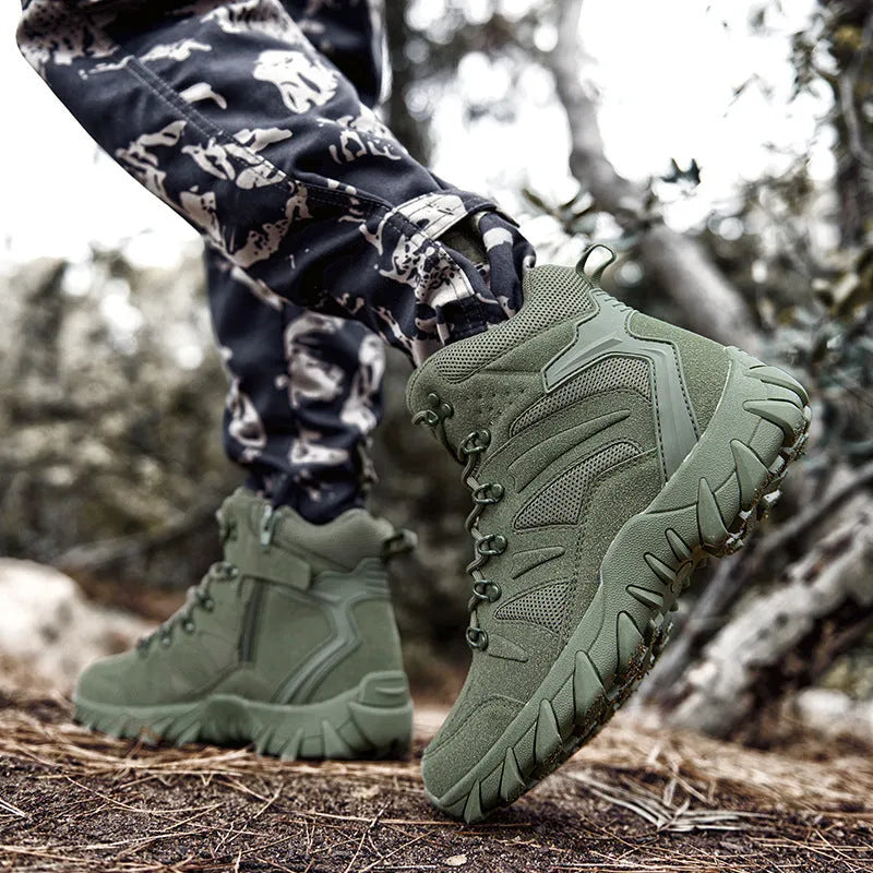 Men's PU combat boots in army green colour for outdoor hiking and camping