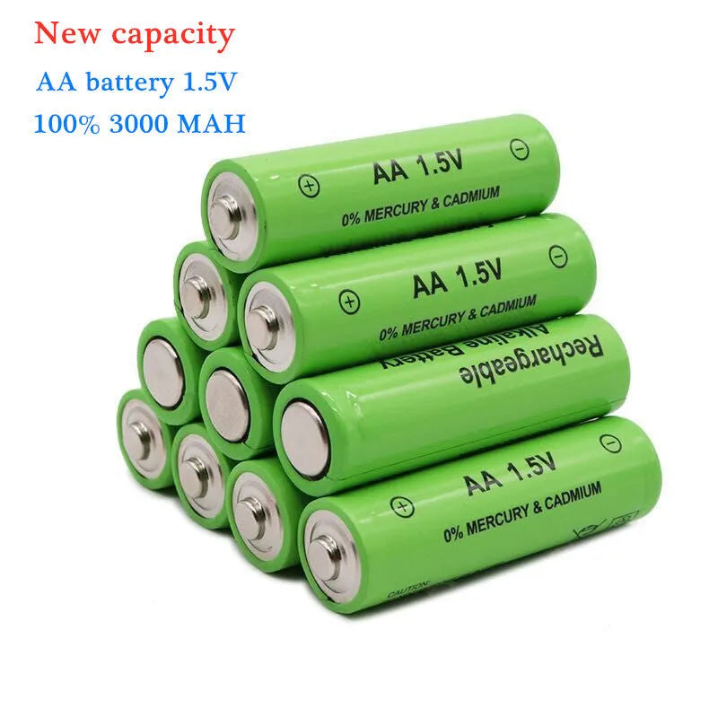 Pack of green alkaline rechargeable AA batteries with 3000mAh capacity and 1000 charge cycles