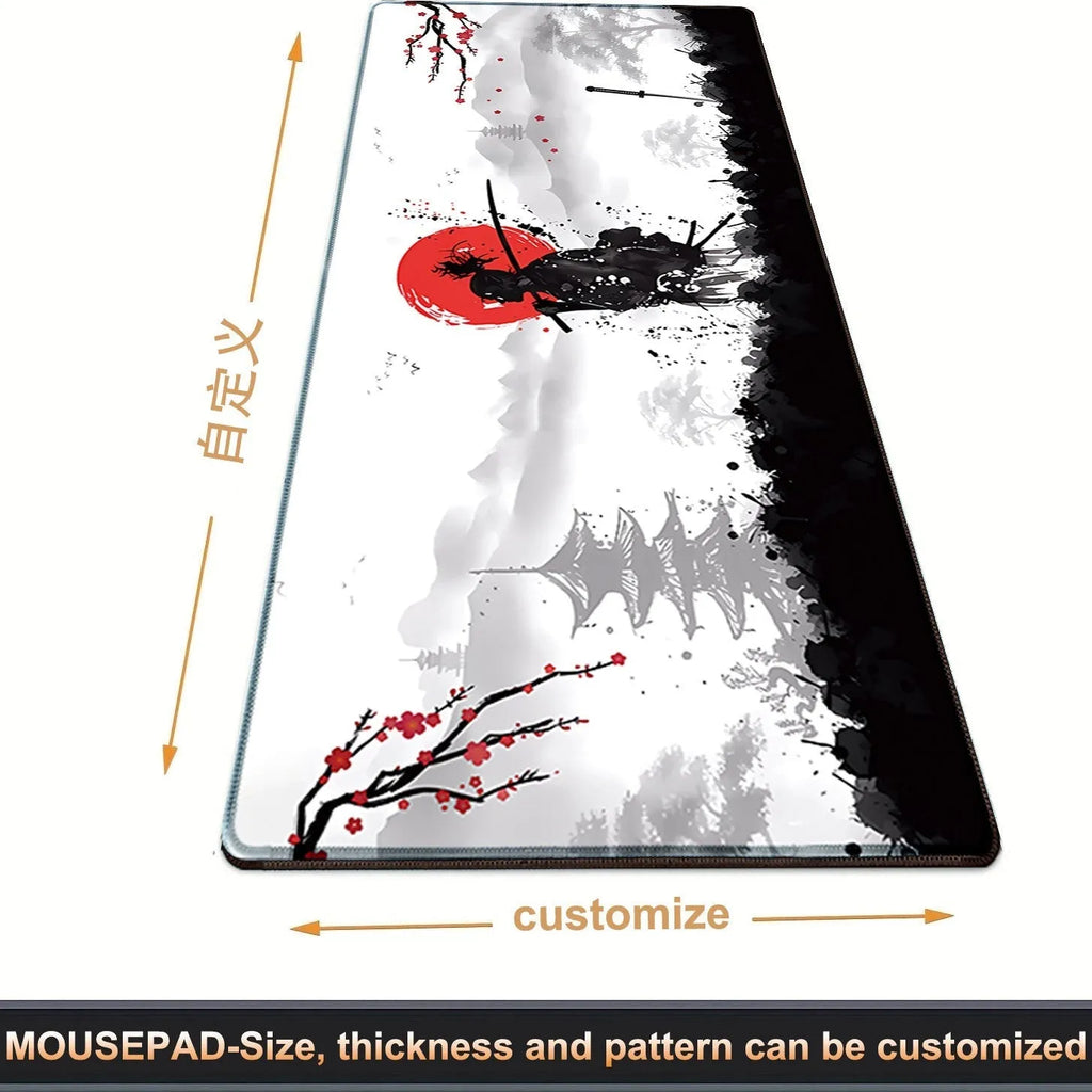 Japanese samurai design gaming mouse pad with cloth surface on a desk.