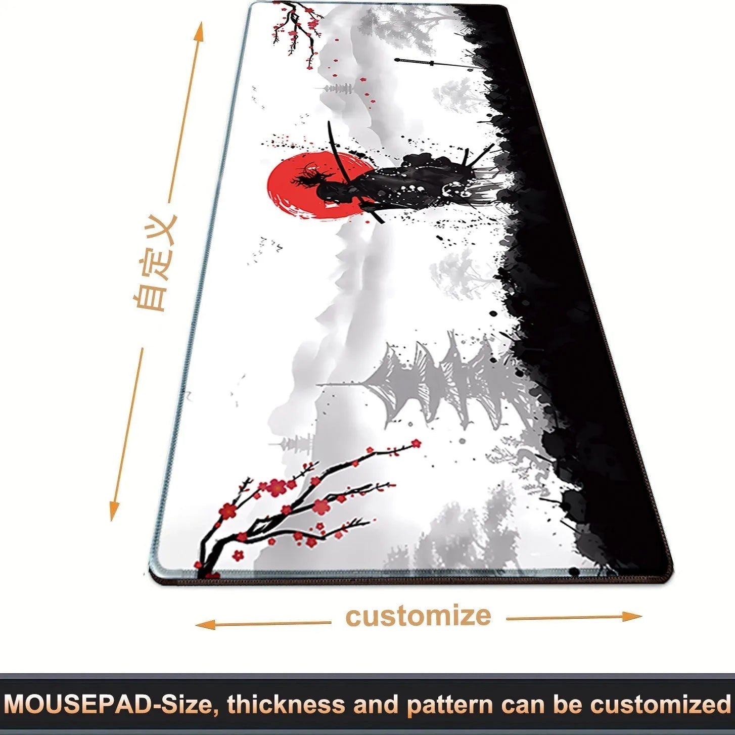 Japanese samurai design gaming mouse pad with cloth surface on a desk.