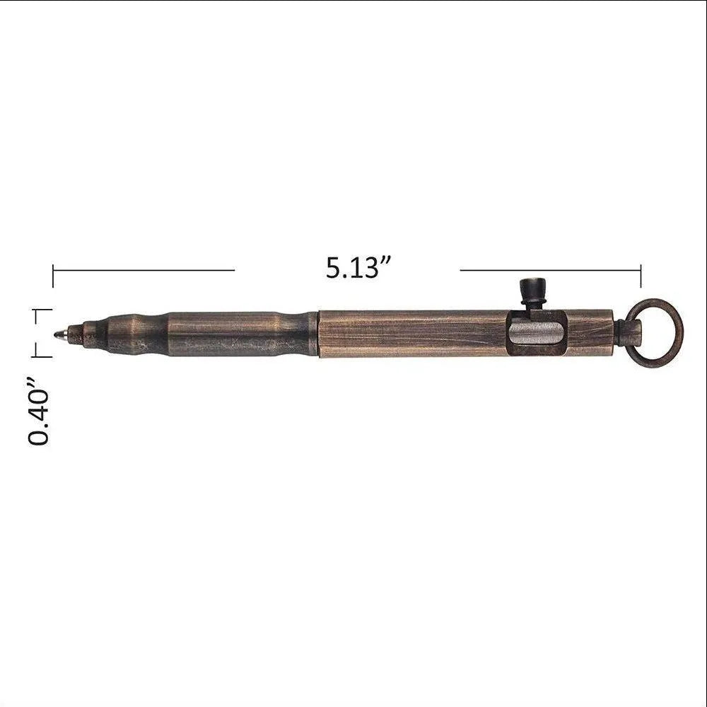 Brass tactical pen with hexagonal bolt design in natural brass colour or retro black finish