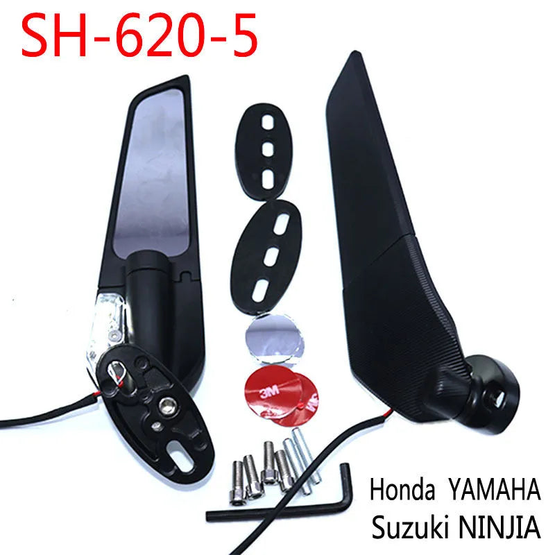 Pair of aluminium motorcycle spoiler rearview mirrors with convex glass lenses and integrated yellow running lights.