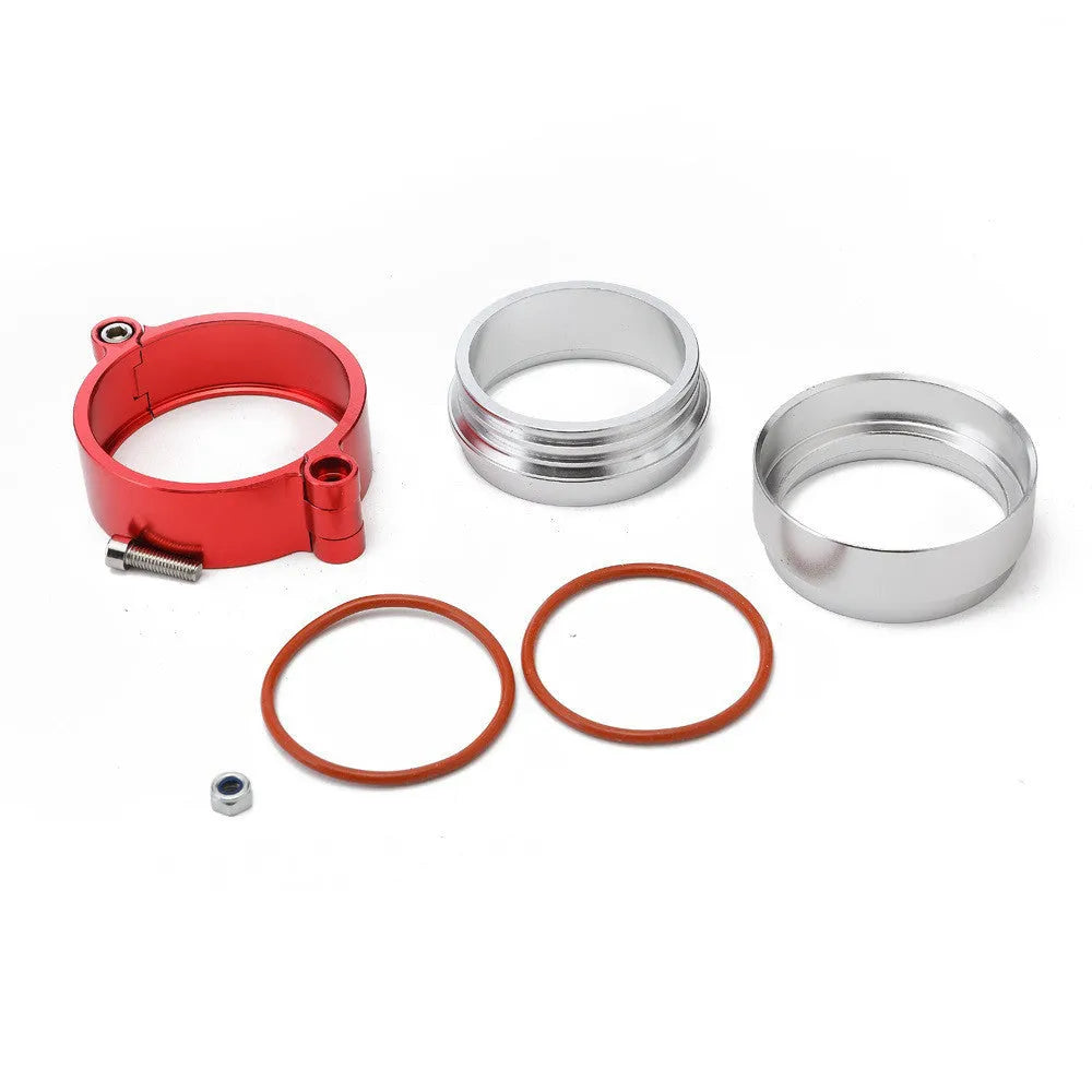 Aluminium fixed movement clamp for car exhaust downspout, shown in black colour.