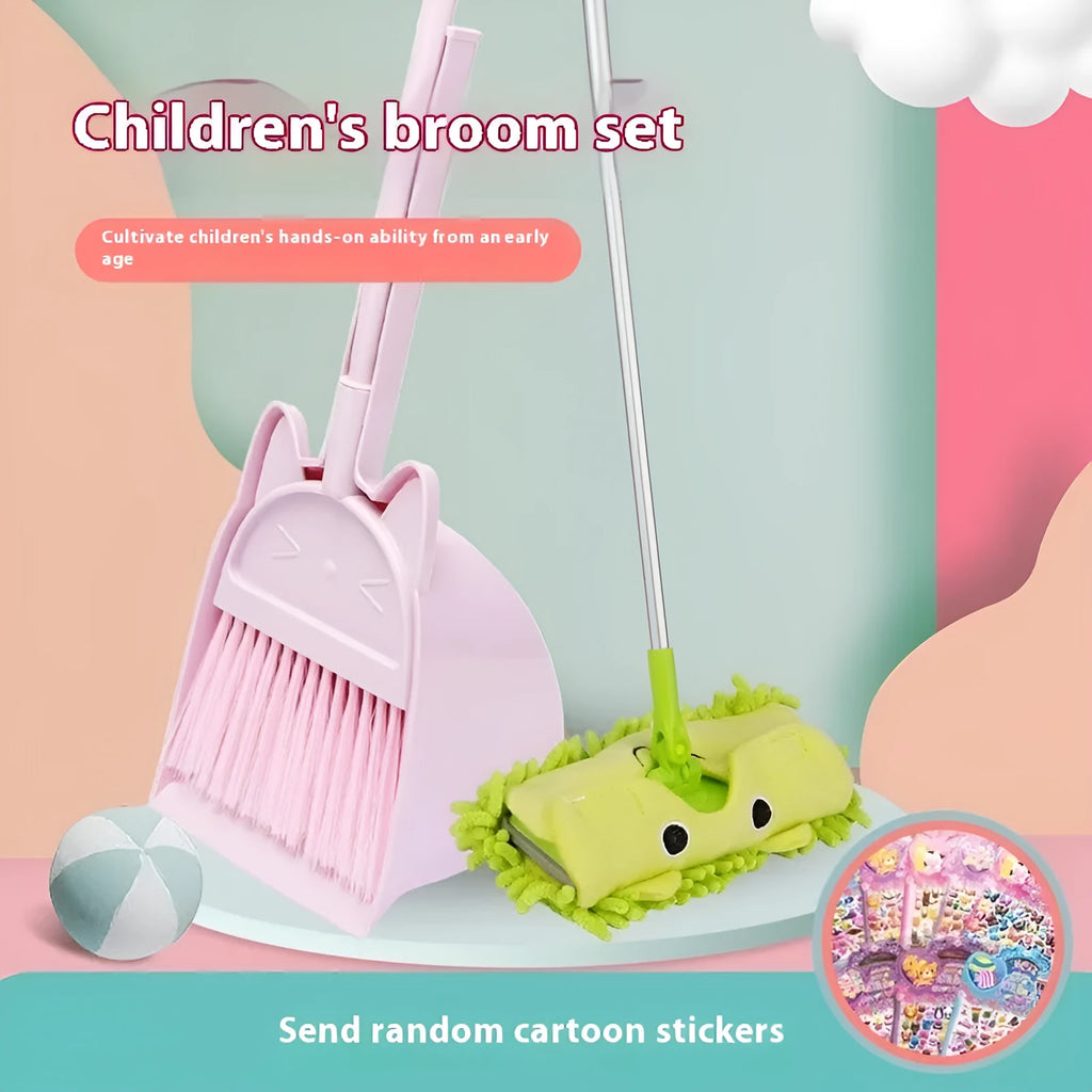 Plastic broom and dustpan set with rotating brush head in beige, green, or purple colour options