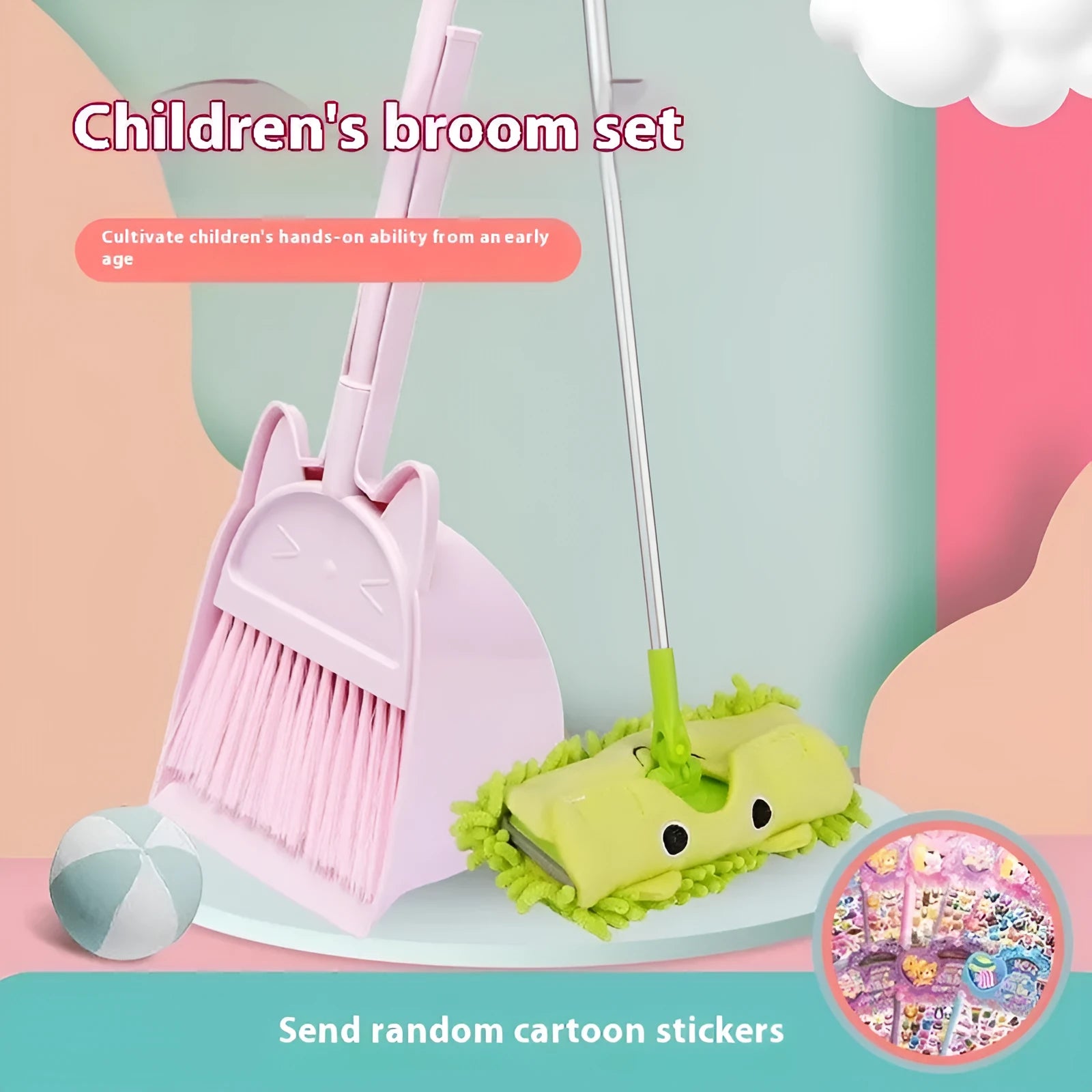 Plastic broom and dustpan set with rotating brush head in beige, green, or purple colour options