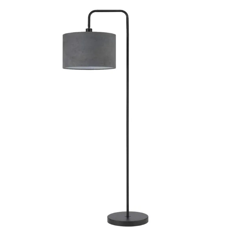 Black LED floor lamp with fabric shade and adjustable head in living room setting