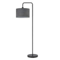 Black LED floor lamp with fabric shade and adjustable head in living room setting
