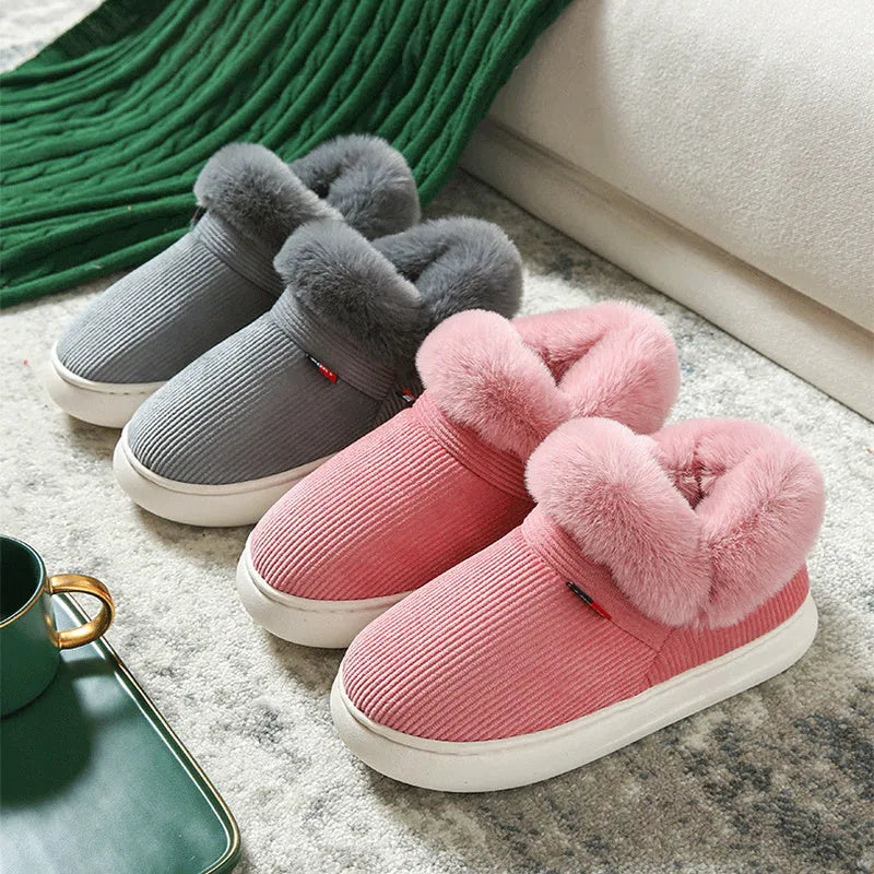 Winter plush corduroy house slippers for men and women with warm fleece lining in coffee colour