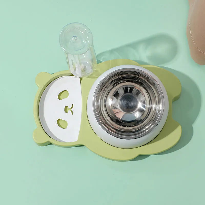 Grey panda-shaped automatic raised pet bowl set with tilted stainless steel bowls and water bottle