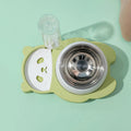 Grey panda-shaped automatic raised pet bowl set with tilted stainless steel bowls and water bottle