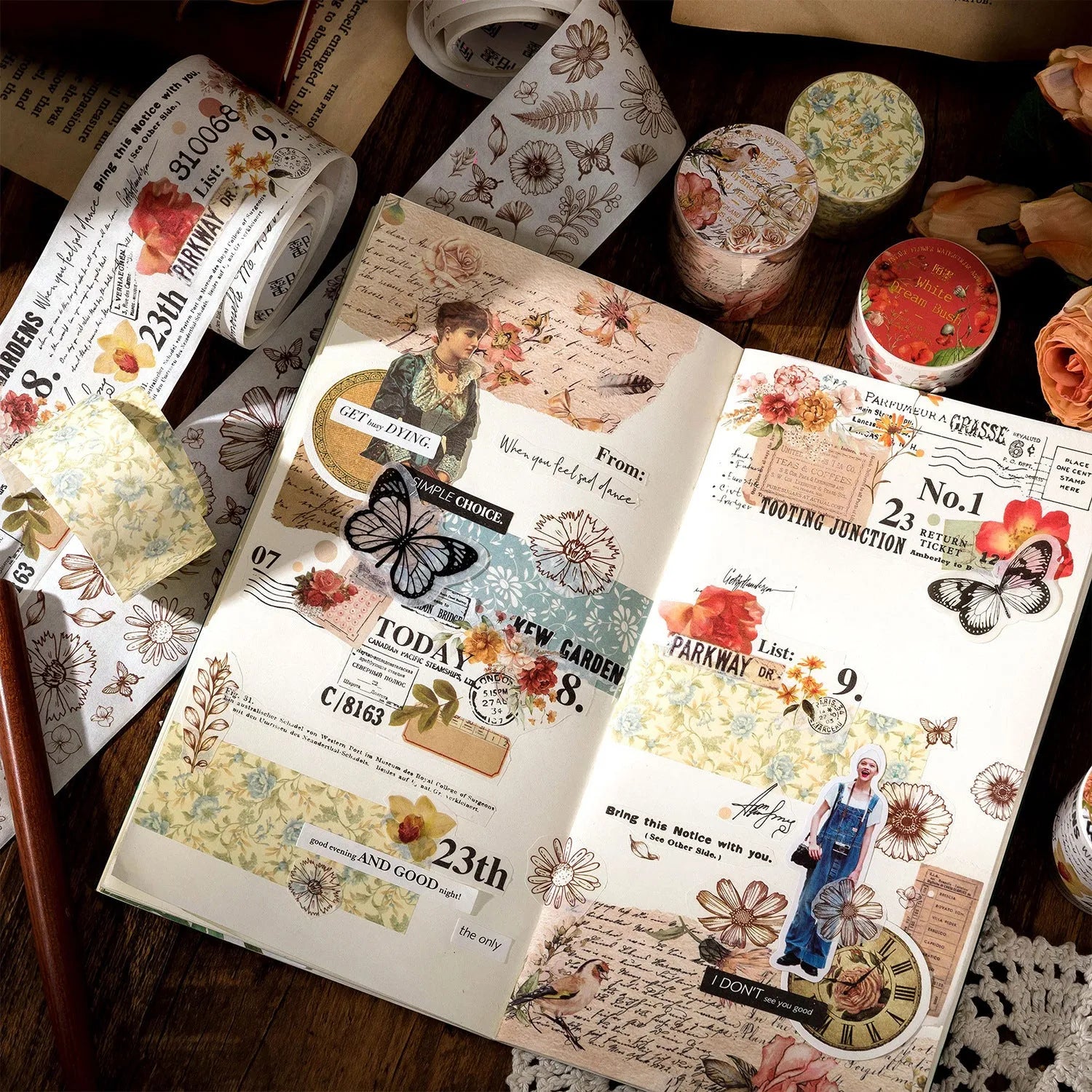 Roll of vintage floral watercolour design tape on a Japanese paper base, showing 30mm and 50mm width options.