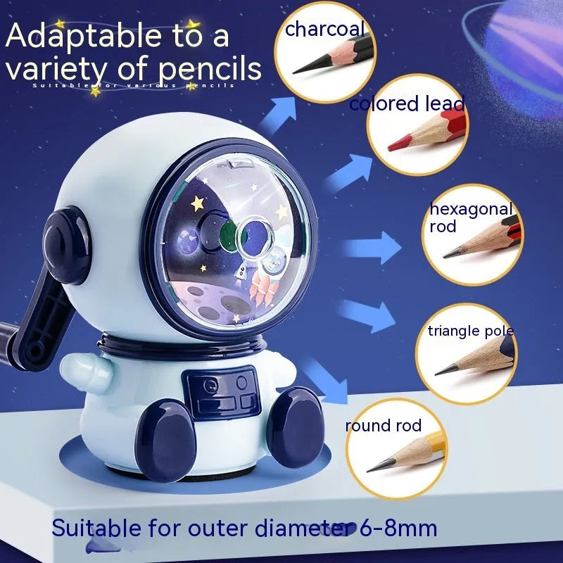 Cartoon astronaut pencil sharpener in blue or pink colours with manual operation