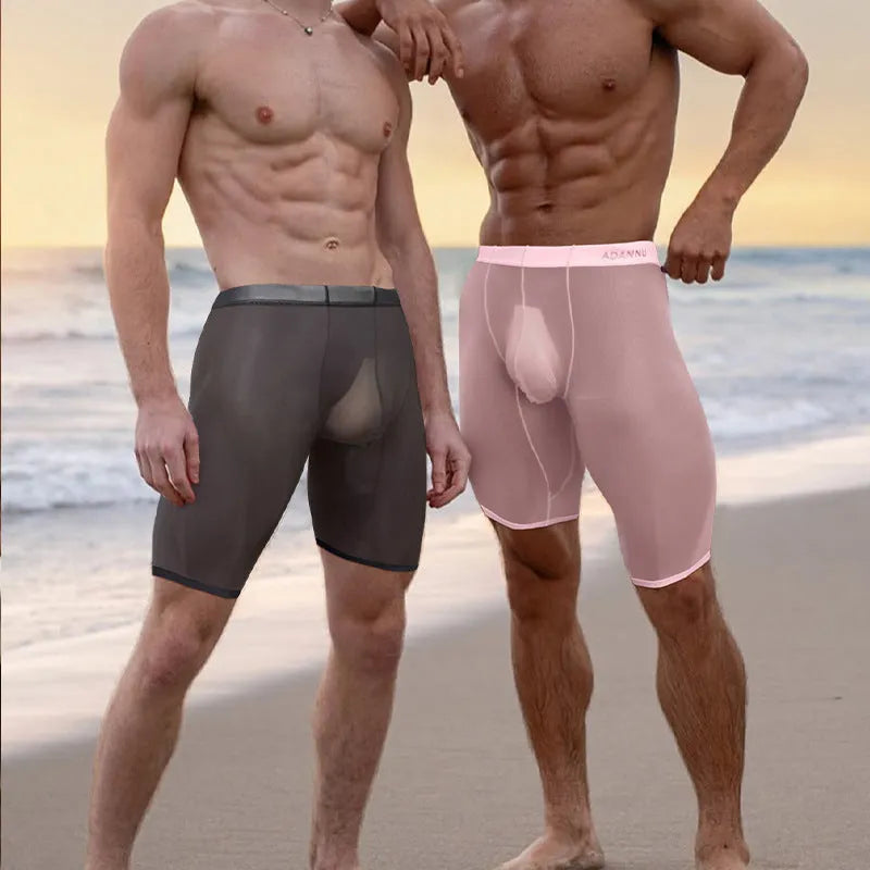 Men's black seamless mesh home shorts made from knitted nylon fabric