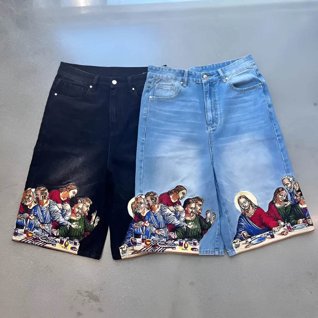 Men's blue cotton shorts with Jesus print on back pocket, tapered design