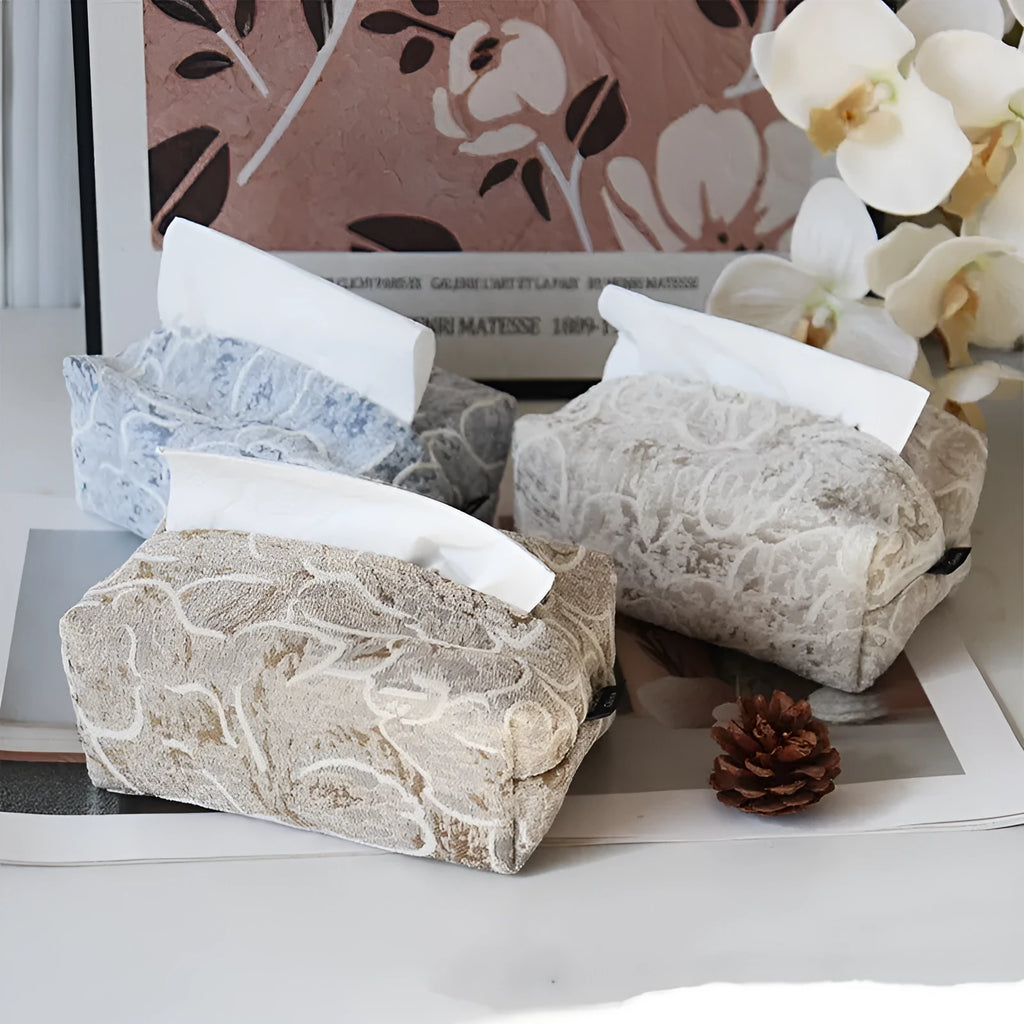Chinese style pastel floral cotton tissue box in beige, blue, or brown for living room