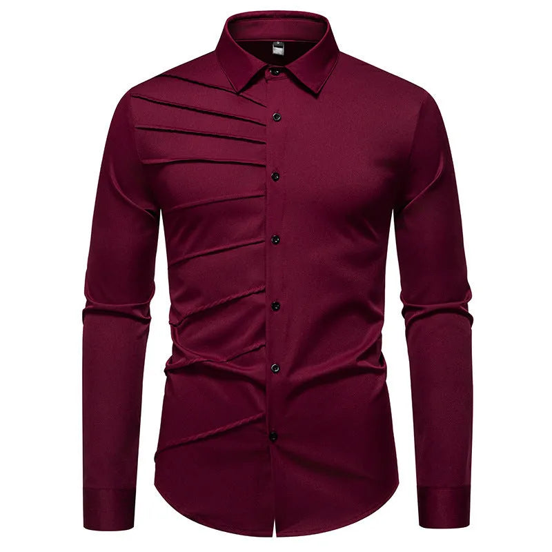 Men's pleated design casual long-sleeved shirt in slim-fit cardigan style, polyester fabric, white colour