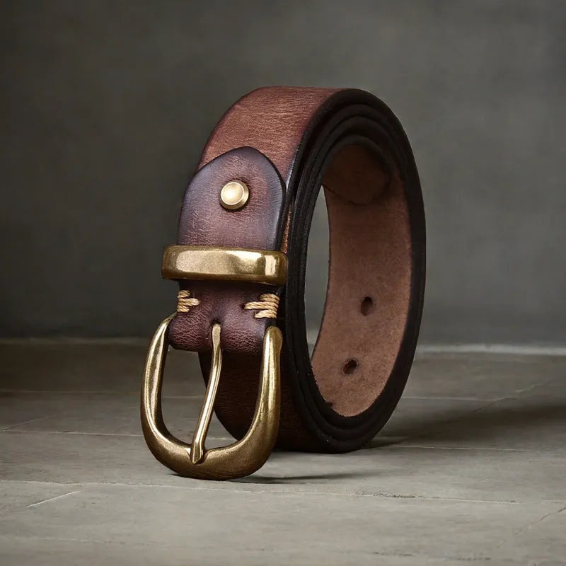 Men's casual jeans belt in black first layer cattlehide leather with a copper pin buckle.