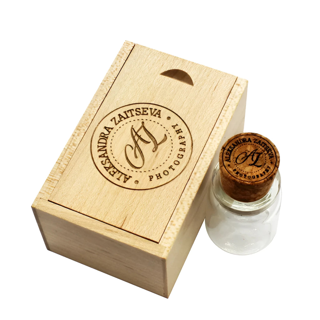 Chocolate brown wooden USB drive in a drift bottle storage disk shape with custom lettering on the side.