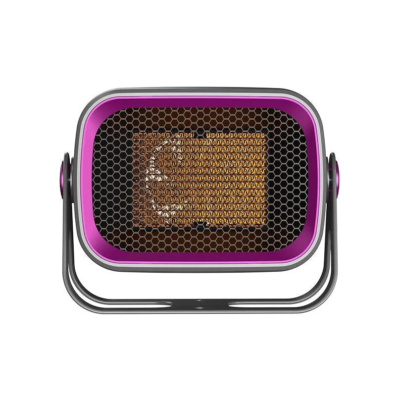 Rotatable white desktop ceramic heater on a wooden table showing control buttons and air outlet.