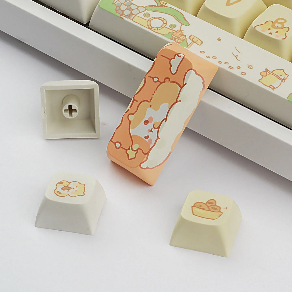 Custard colour mechanical keyboard keycaps with mouse artwork for 68-100% keyboard layouts