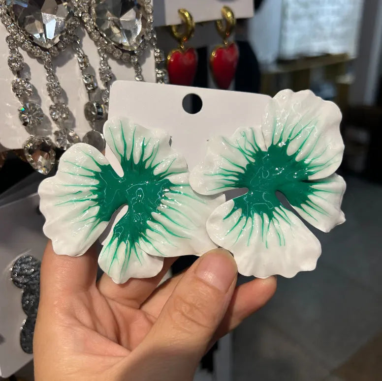 Alloy flower stud earrings with oil-spot glaze finish in blue, green, purple and rose colours